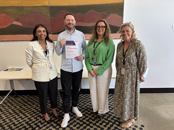 Chief Strategy and Sustainability Officer Maria Perera witih Quality Improvement Award Winners Liam Wilson and Ellen Bradbury, and Senior Improvement Advisor Tavia Rudd